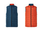 Deux gilets matelassés, l'un bleu et l'autre orange.