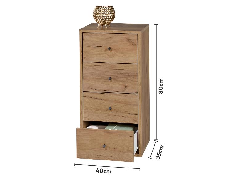 Commode en bois avec quatre tiroirs et poignées noires, dimensions 80x40x35cm.