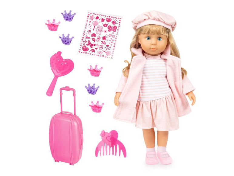 Poupée blonde en rose, valise, accessoires pour cheveux et autocollants