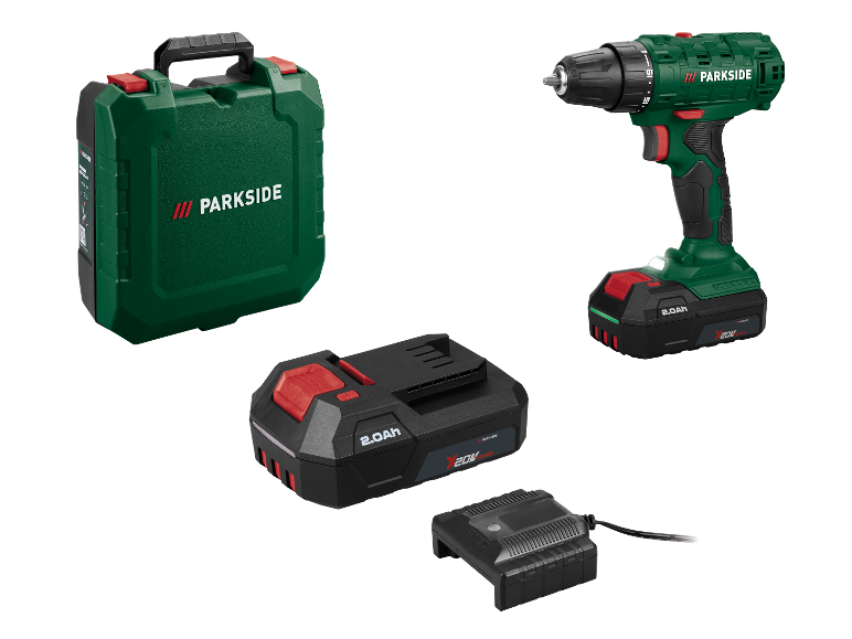 Perceuse, deux batteries 2.0Ah, chargeur et mallette de rangement.