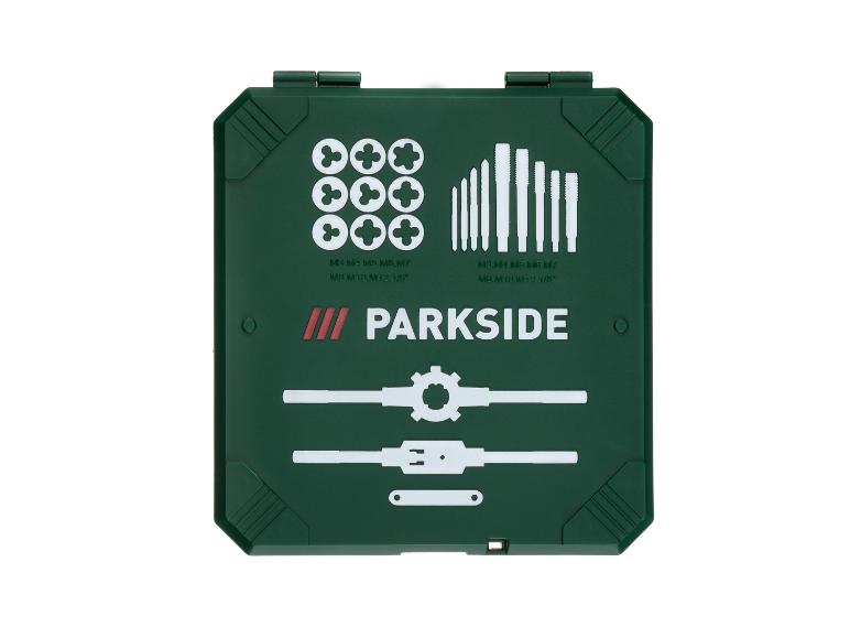 Jeu de tarauds et filières PARKSIDE dans un boîtier vert, avec tailles M3 à M12 et 1/8'.