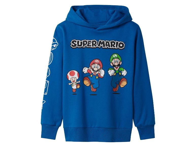 Sweat-shirt à capuche bleu Super Mario avec des imprimés sur les manches.