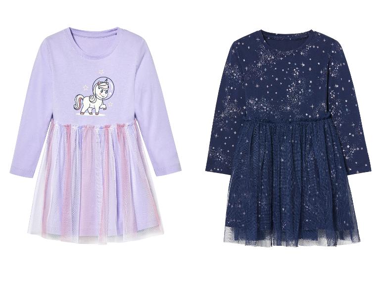 Deux robes pour filles à manches longues : une violette avec une licorne et une bleu marine à étoiles.