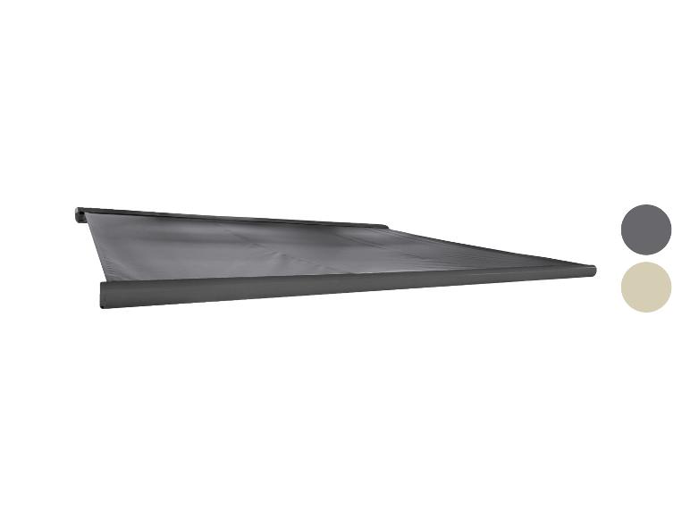 Store banne gris avec deux échantillons de couleur : gris foncé et beige clair.