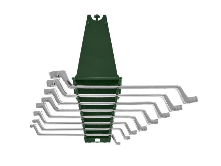 Jeu de clés polygonales argentées dans un support en plastique vert, classées par taille.