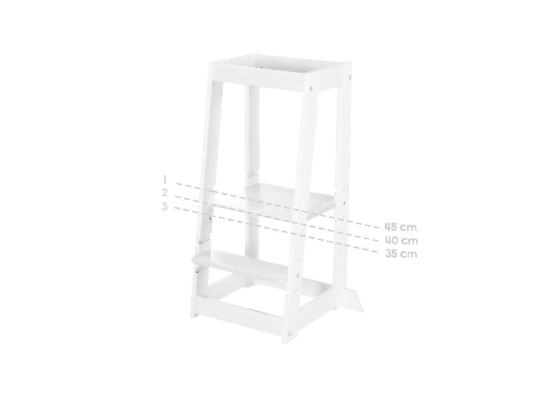 Tour d'apprentissage blanche avec plateforme réglable à 45, 40 et 35 cm.