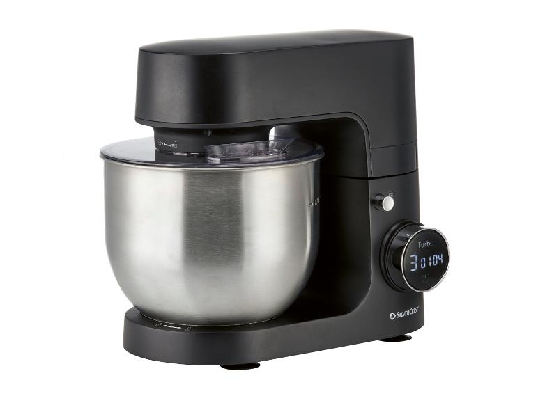 Robot pâtissier SilverCrest noir avec bol en acier inoxydable et écran numérique.