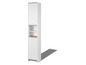 Une armoire de salle de bain blanche avec deux portes et une étagère.