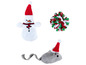 Jouets de Noël pour chats : un bonhomme de neige, une souris et une balle en peluche.