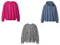 Trois sweatshirts : un fuchsia, un bleu et un gris à imprimé léopard.
