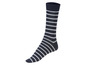 Une paire de chaussettes bleu marine à rayures blanches.