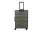 Valise de voyage verte avec poignée télescopique et quatre roues.