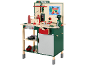 Établi jouet en bois avec outils, boîte à outils et tableau d'activités de construction de maison.