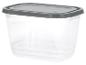 Récipient en plastique transparent avec couvercle gris pour le stockage des aliments.