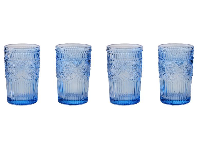 Ensemble de quatre verres à eau bleus, style vintage, décor floral.
