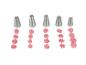 Ensemble de cinq douilles de pâtisserie métalliques et échantillons de glaçage rose montrant les différentes formes.