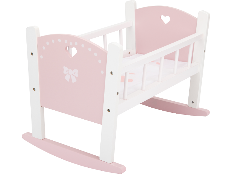 Berceau de poupée en bois rose et blanc avec décorations cœur et nœud.