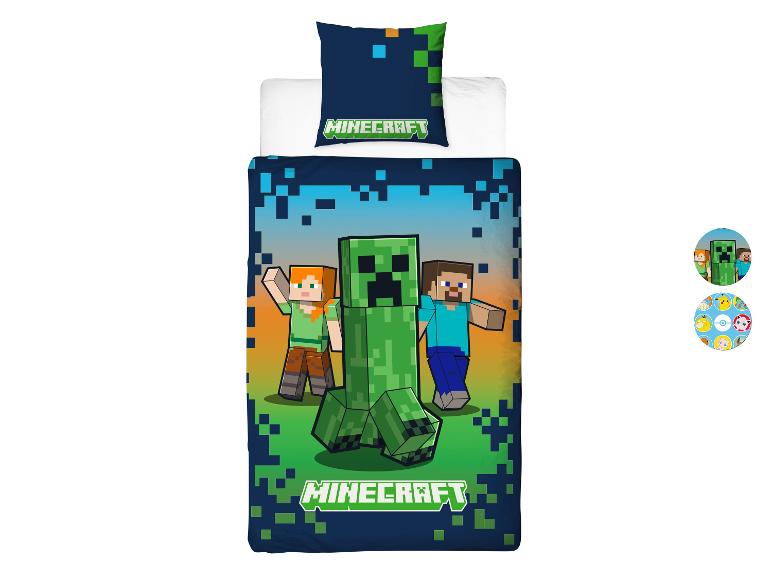 Parure de lit Minecraft avec personnages et logo.