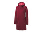 Une veste longue en softshell bordeaux à capuche.