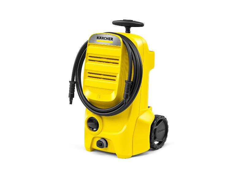 Nettoyeur haute pression jaune avec tuyau noir et roues sur fond blanc