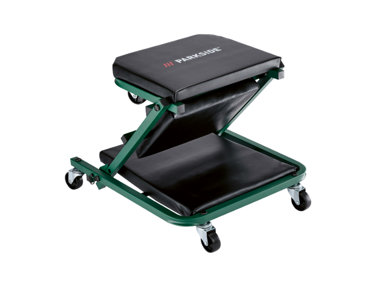 Tabouret d'atelier pliable vert et noir à roulettes