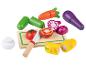 Jouets en bois à découper en forme de légumes: maïs, tomate, aubergine, oignon et couteau.