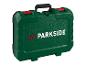 Boîte à outils verte Parkside avec fermoirs rouges et poignée noire
