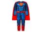 Costume de super-héros bleu avec cape rouge et emblème sur la poitrine.