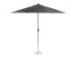 Parasol de jardin gris foncé avec base en pierre.