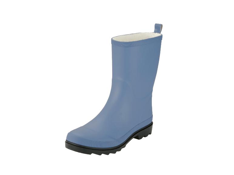 Botte de pluie bleue pour enfant avec semelle noire et intérieur blanc.