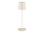 Lampadaire beige design minimaliste avec abat-jour conique.