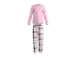 Pyjama rose avec un haut à manches longues imprimé croissant et un pantalon à carreaux.