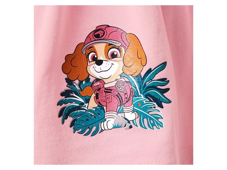 Haut rose Paw Patrol avec Skye et motifs tropicaux.