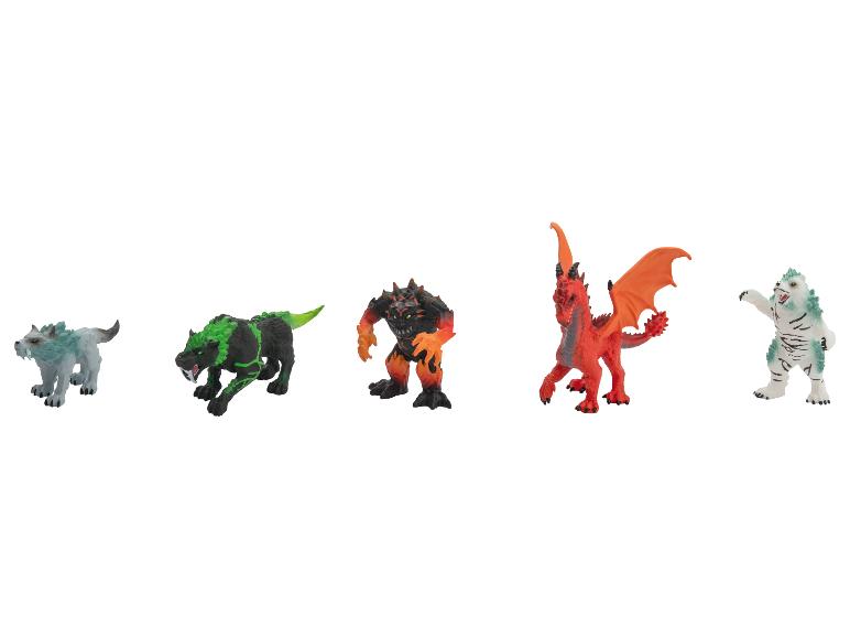 Cinq figurines de créatures fantastiques, dont des loups, un monstre et un dragon.