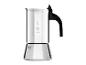 Cafetière moka argentée avec poignée noire sur fond blanc.