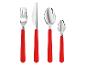 Ensemble de couverts à manches rouges: fourchette, couteau, cuillère à soupe et cuillère à café.