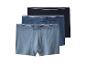 Trois boxers pour hommes dans différentes nuances de bleu, avec des ceintures rayées.