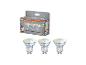 Trois spots LED GU10 intelligents et dimmables dans leur emballage, avec spécifications et intégration d'application.
