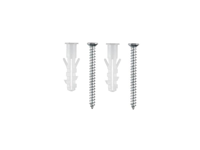 Trois vis et deux chevilles en plastique pour fixation murale.