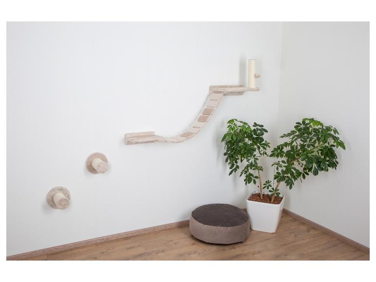 Ensemble mural pour chat avec étagères, poteaux à griffer et plante d'intérieur.