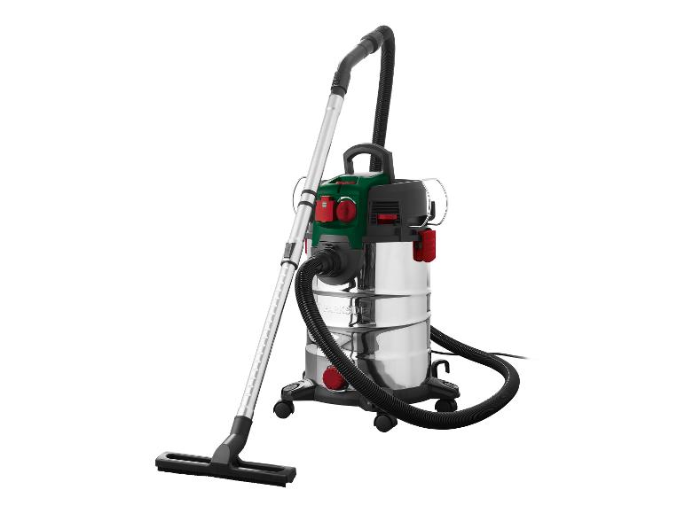 Aspirateur d'atelier avec réservoir en acier inoxydable, tuyau flexible et buse de sol.