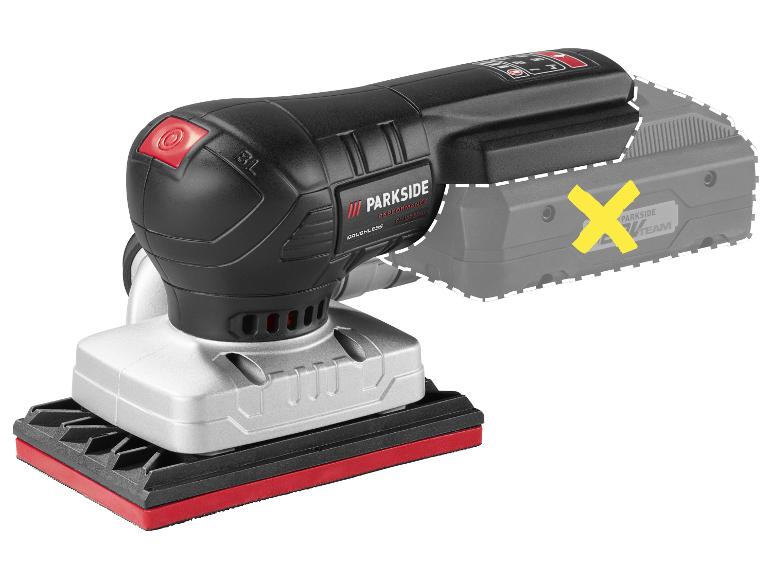 Ponceuse électrique sans fil avec un compartiment de batterie marqué d'un X jaune.