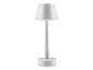 Une lampe de table blanche avec un abat-jour rond.