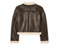 Une veste en cuir marron avec un col en fourrure blanche.