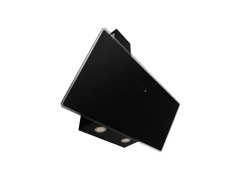 Hotte aspirante de cuisine noire avec commandes tactiles et deux lumières intégrées.
