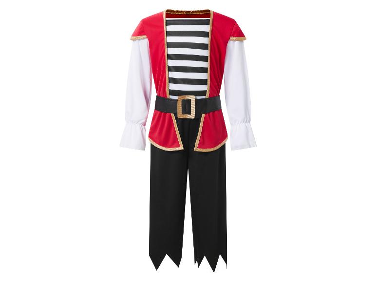 Déguisement de pirate pour enfant avec gilet rouge, chemise rayée et pantalon noir.