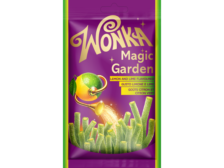 Bonbons gélifiés au goût de citron et citron vert dans un emballage violet.