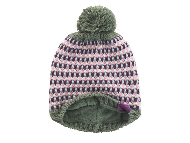 Un bonnet en tricot avec un pompon, à motif à carreaux rose, blanc et violet.