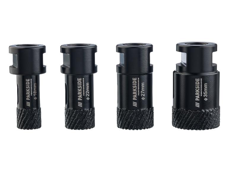 Quatre forets diamantés noirs de différentes tailles : 18mm, 22mm, 27mm et 35mm.