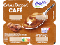 Crème dessert au café avec une cuillère, des grains de café et des informations produit.